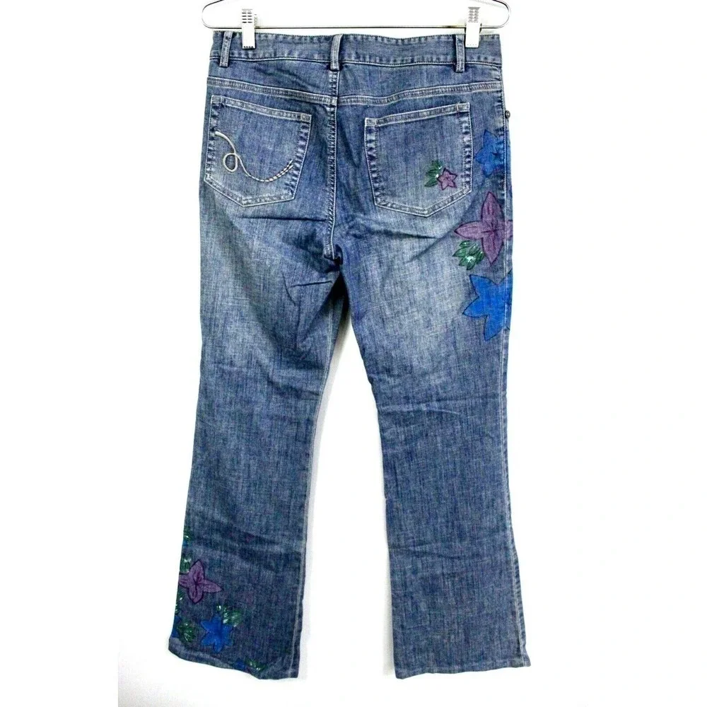 Dana Buchman Womens Size 2 Blue Jeans Painted Floral Hippy